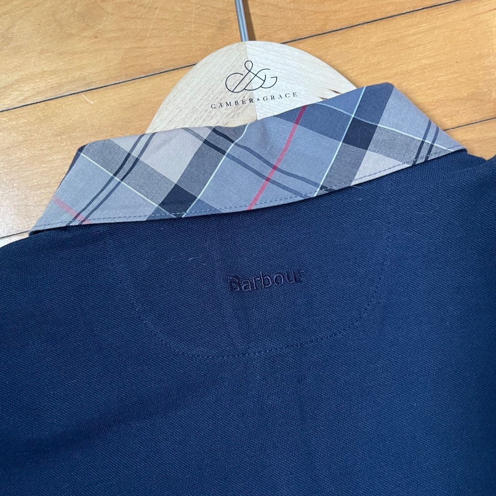 Barbour Womens Navy Blue Dress Tartan Trim Pique Polo Shirt Short Sleeve - Picture 7 of 7